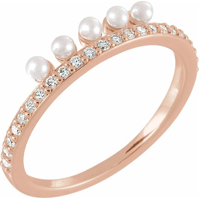 Cultured White Freshwater Pearl & 1/5 CTW Natural Diamond Stackable Ring