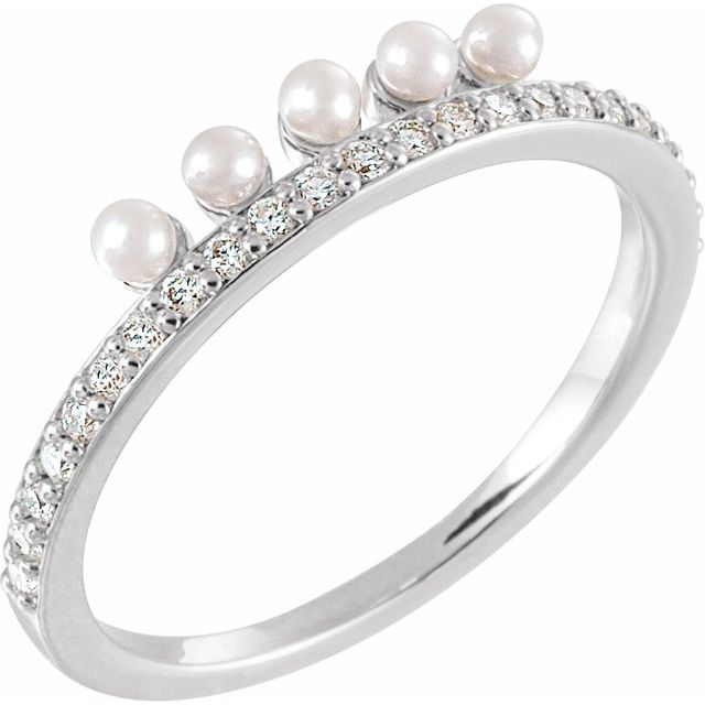 Cultured White Freshwater Pearl & 1/5 CTW Natural Diamond Stackable Ring