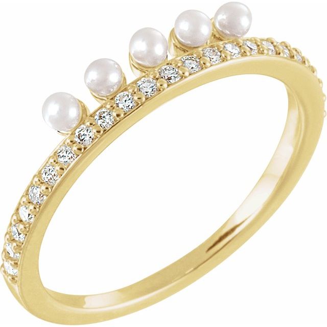 Cultured White Freshwater Pearl & 1/5 CTW Natural Diamond Stackable Ring