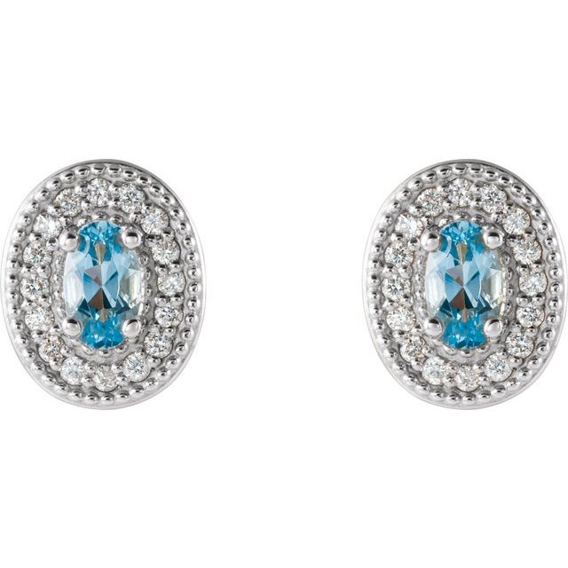 Oval 5x3mm Natural Aquamarine & 1/8 CTW Natural Diamond Halo-Style Earrings