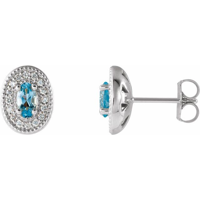 Oval 5x3mm Natural Aquamarine & 1/8 CTW Natural Diamond Halo-Style Earrings