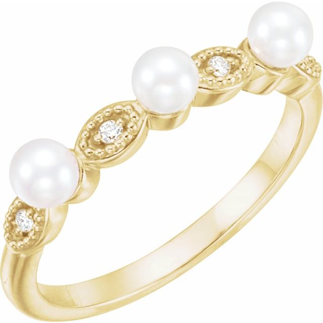 Cultured White Freshwater Pearl & .04 CTW Natural Diamond Stackable Ring