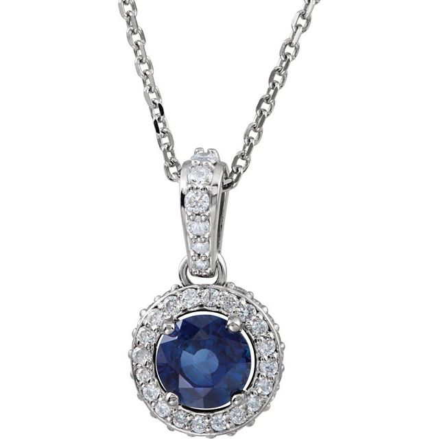 Round Natural Blue Sapphire & 1/5 CTW Natural Diamond Necklace