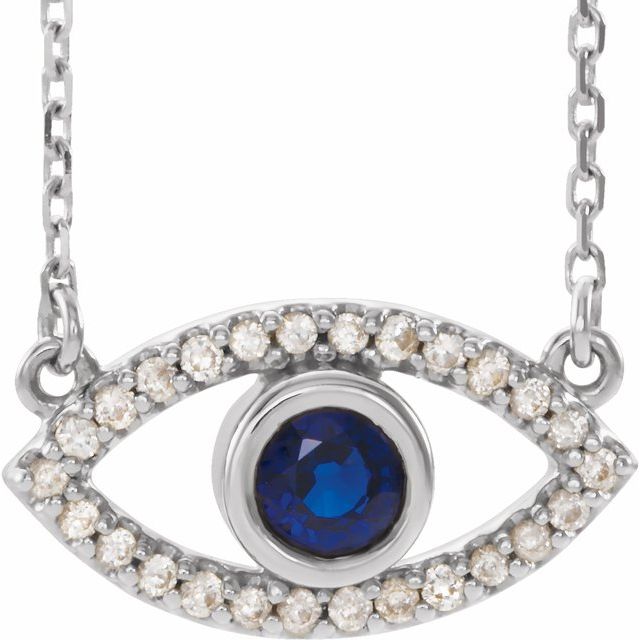 Round Natural Blue Sapphire & Natural White Sapphire Evil Eye Necklace