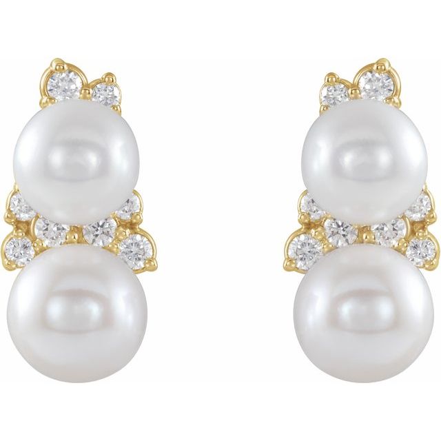 Cultured White Freshwater Pearl & 1/10 CTW Natural Diamond Ear Climbers