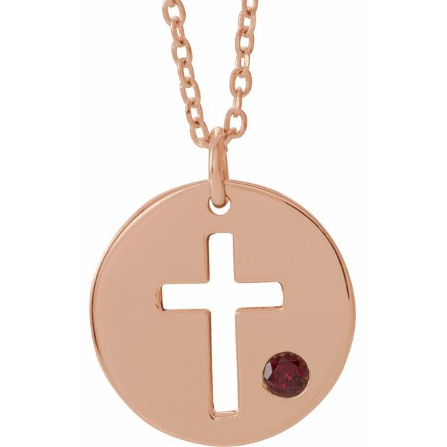 Round Natural Garnet Pierced Cross Disc Necklace