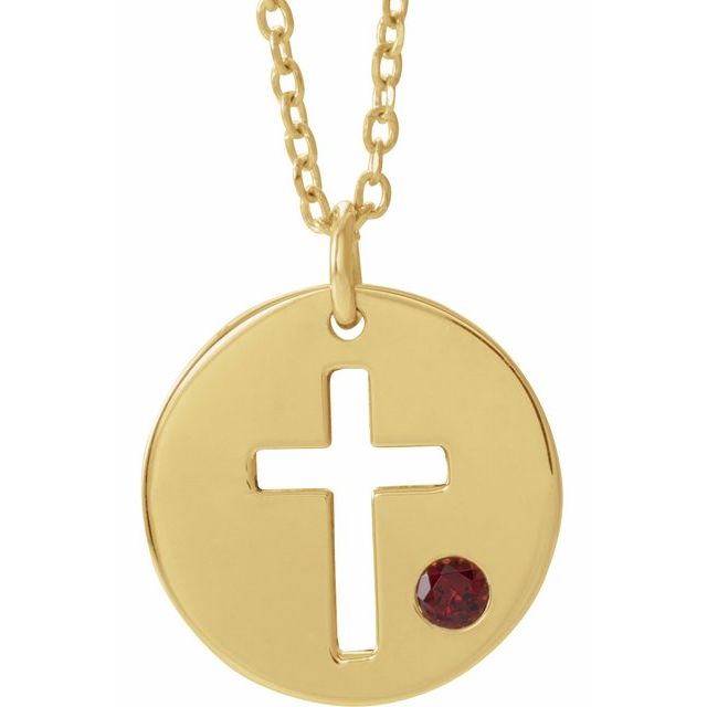 Round Natural Garnet Pierced Cross Disc Necklace