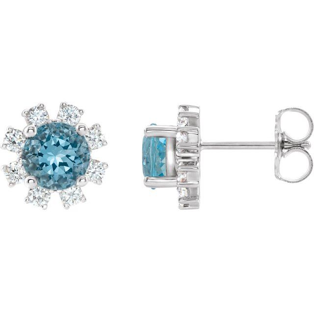 Round Natural Blue Zircon & 1/2 CTW Natural Diamond Earrings