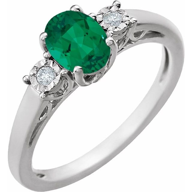 Oval Lab-Grown Emerald and .04 CTW Natural Diamond Ring