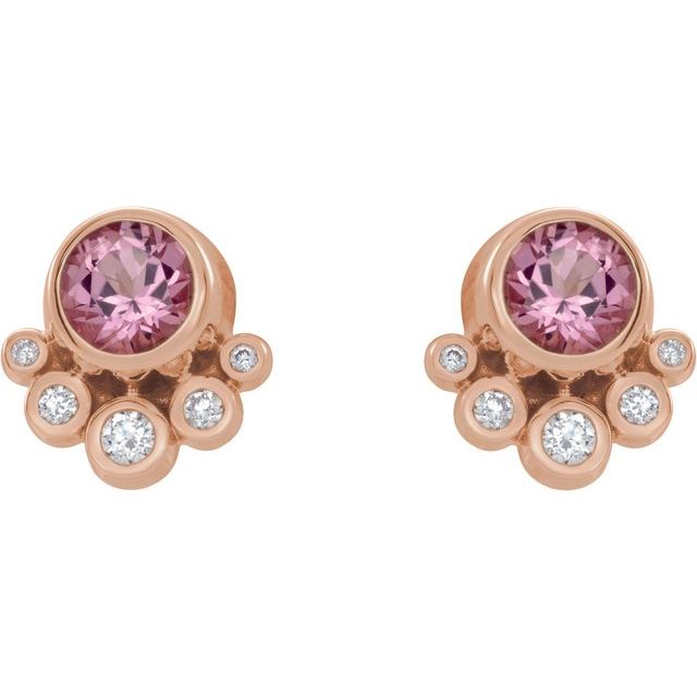 Round Natural Pink Tourmaline & 1/8 CTW Natural Diamond Earrings