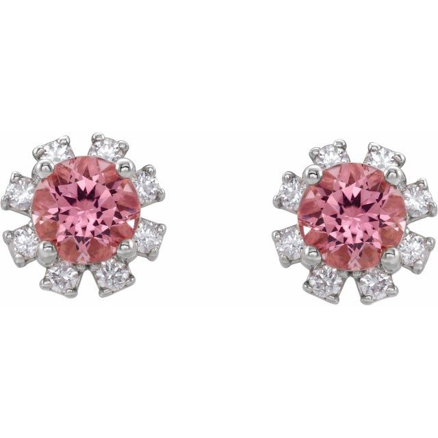 Round Natural Pink Tourmaline & 1/5 CTW Natural Diamond Earrings