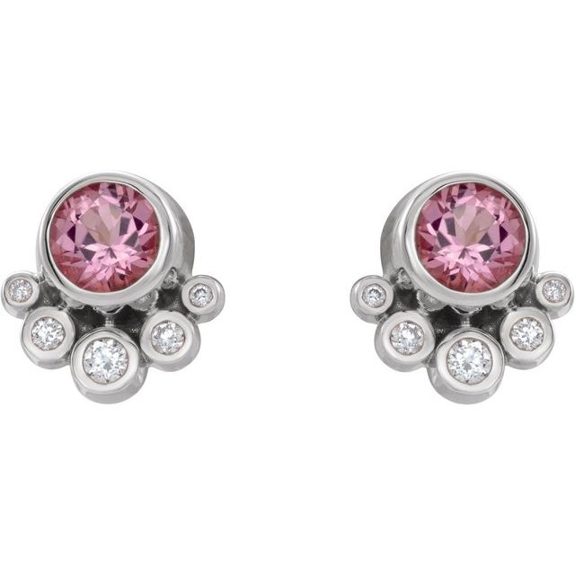 Round Natural Pink Tourmaline & 1/8 CTW Natural Diamond Earrings