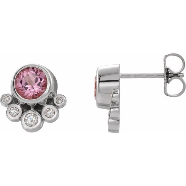 Round Natural Pink Tourmaline & 1/8 CTW Natural Diamond Earrings