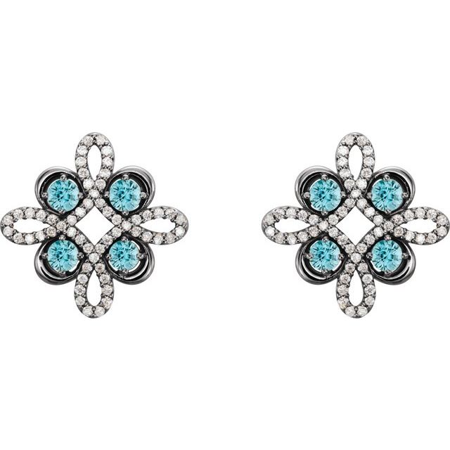 Round Natural Blue Zircon & 1/4 CTW Natural Diamond Earrings