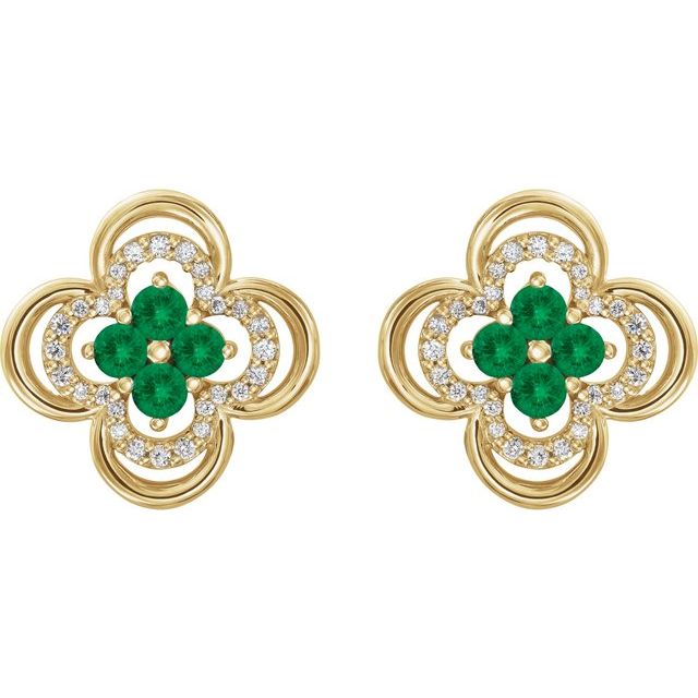 Round Natural Emerald & 1/5 CTW Natural Diamond Clover Earrings