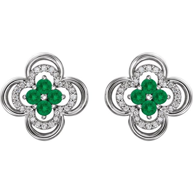 Round Natural Emerald & 1/5 CTW Natural Diamond Clover Earrings