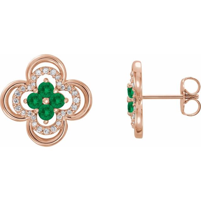 Round Natural Emerald & 1/5 CTW Natural Diamond Clover Earrings