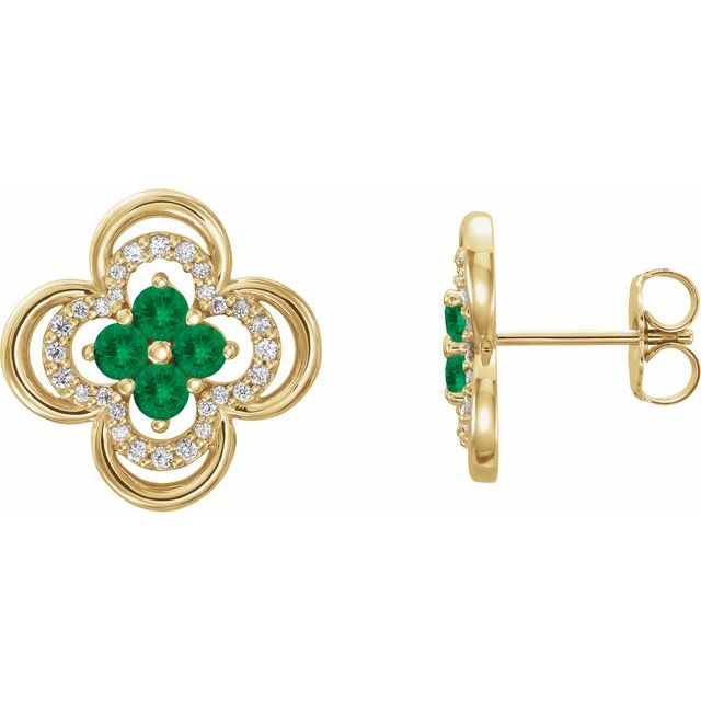 Round Natural Emerald & 1/5 CTW Natural Diamond Clover Earrings