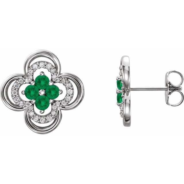Round Natural Emerald & 1/5 CTW Natural Diamond Clover Earrings