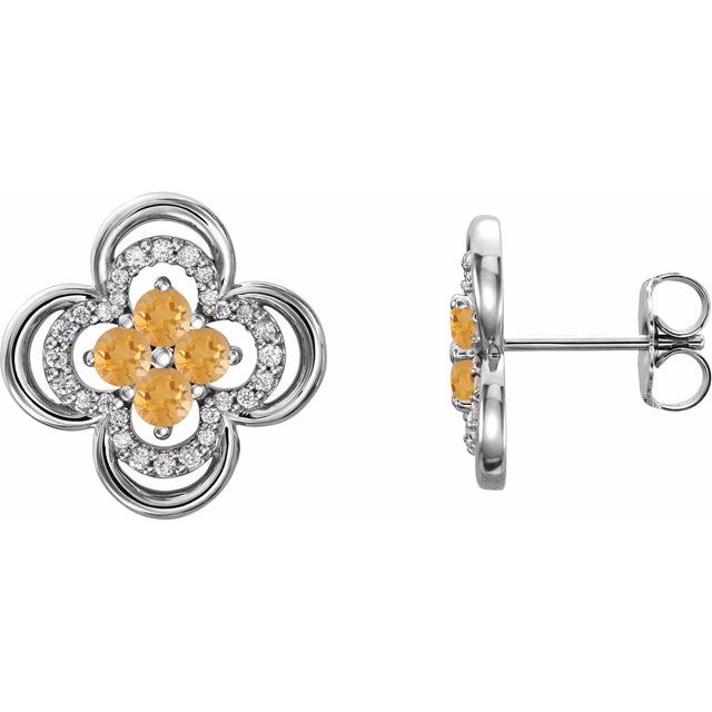 Round Natural Citrine & 1/5 CTW Natural Diamond Clover Earrings