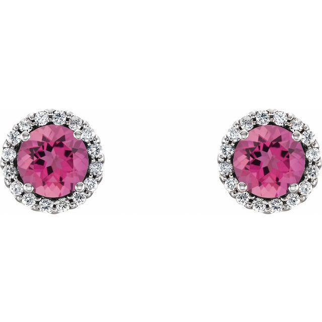 Round 4.5mm Natural Pink Tourmaline & 1/10 CTW Natural Diamond Earrings