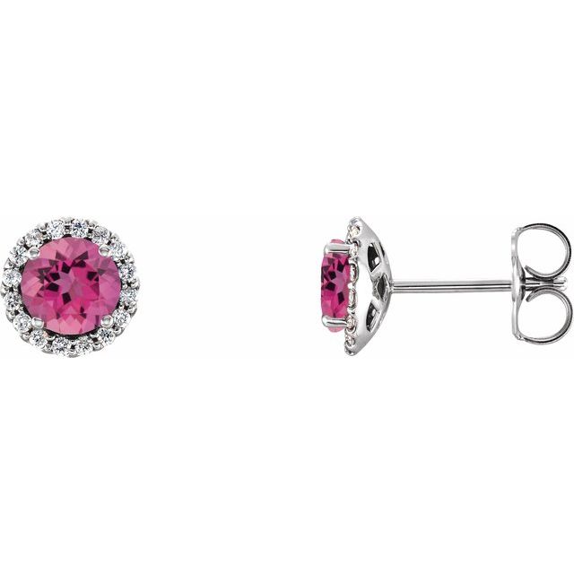 Round 4.5mm Natural Pink Tourmaline & 1/10 CTW Natural Diamond Earrings