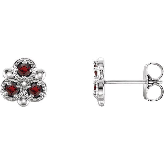 Round Natural Mozambique Garnet Three-Stone Earrings