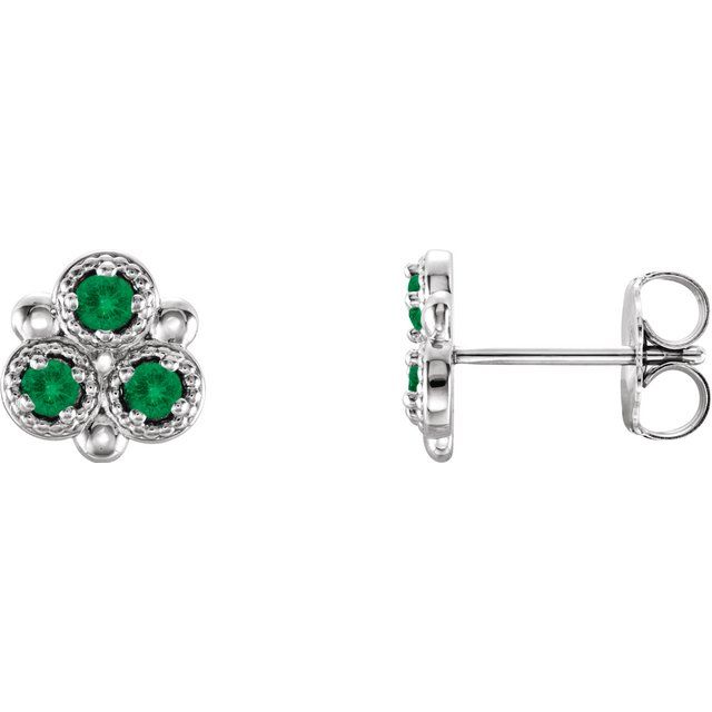 Round Natural Emerald Three-Stone Earrings