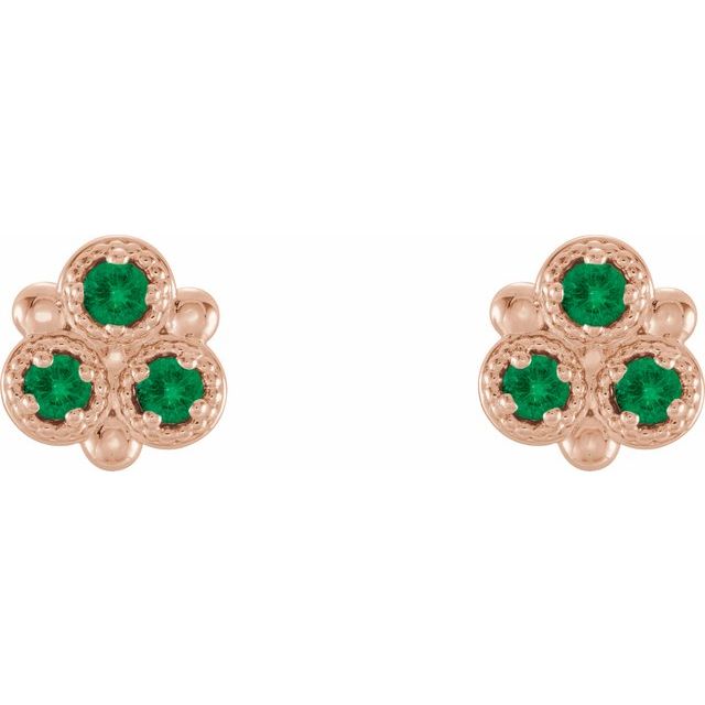 Round Natural Emerald Three-Stone Earrings