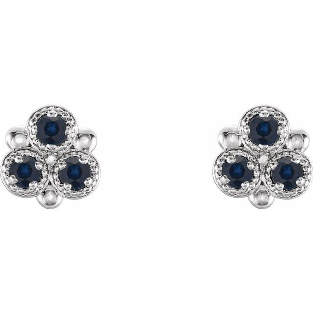 Round Natural Blue Sapphire Three-Stone Earrings