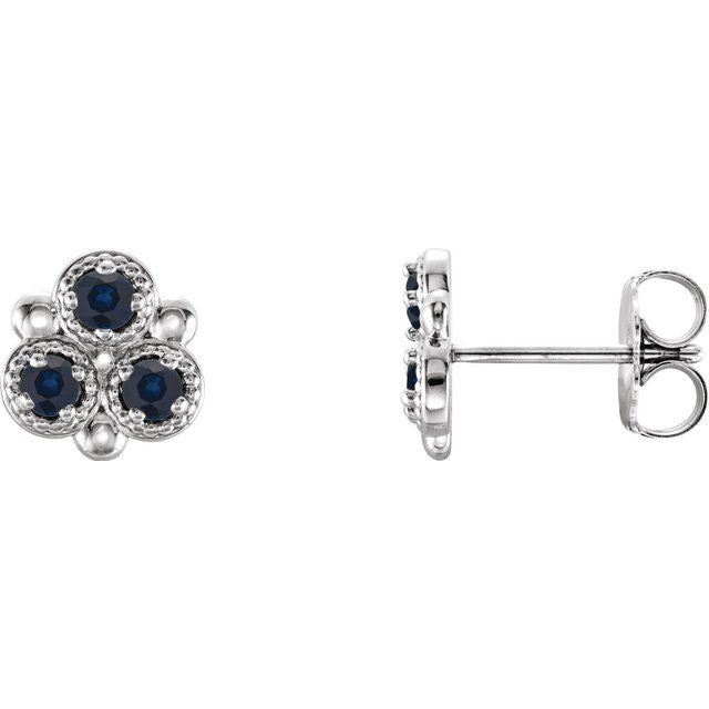Round Natural Blue Sapphire Three-Stone Earrings