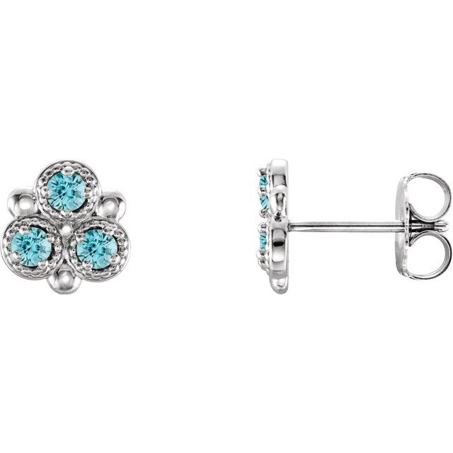 Round Natural Blue Zircon Three-Stone Earrings