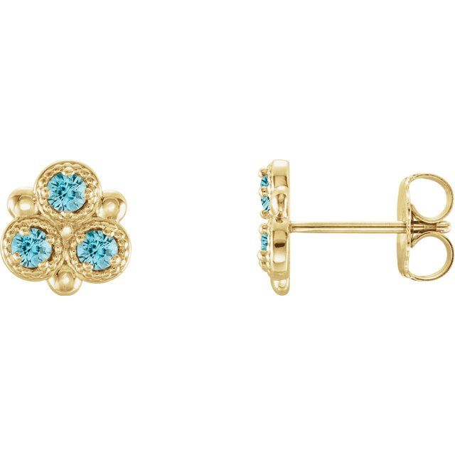 Round Natural Blue Zircon Three-Stone Earrings