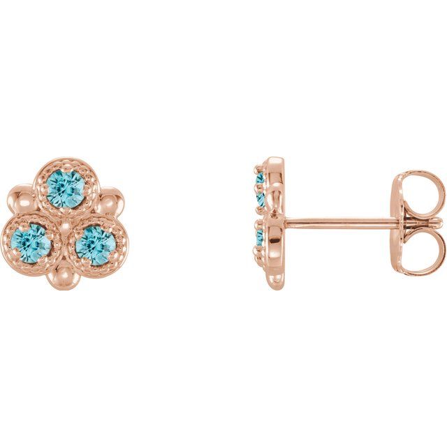 Round Natural Blue Zircon Three-Stone Earrings