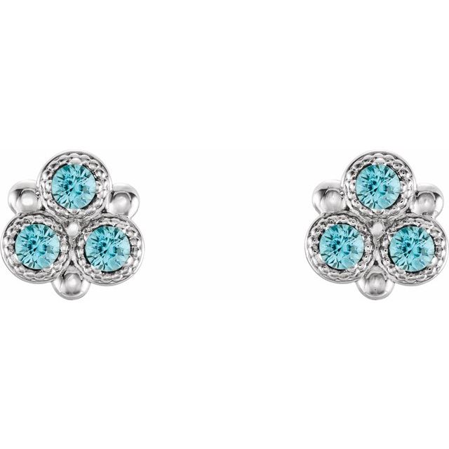 Round Natural Blue Zircon Three-Stone Earrings