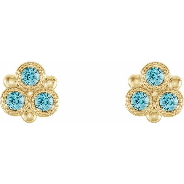 Round Natural Blue Zircon Three-Stone Earrings