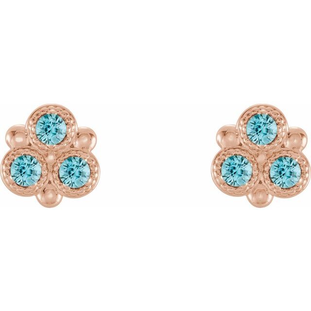 Round Natural Blue Zircon Three-Stone Earrings