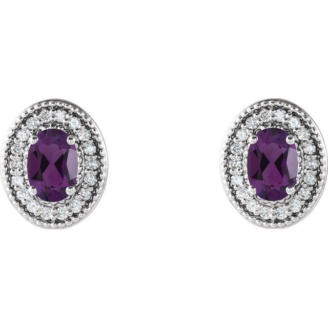 Oval 6x4mm Natural Amethyst & 1/5 CTW Natural Diamond Halo-Style Earrings