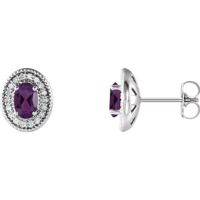 Oval 6x4mm Natural Amethyst & 1/5 CTW Natural Diamond Halo-Style Earrings