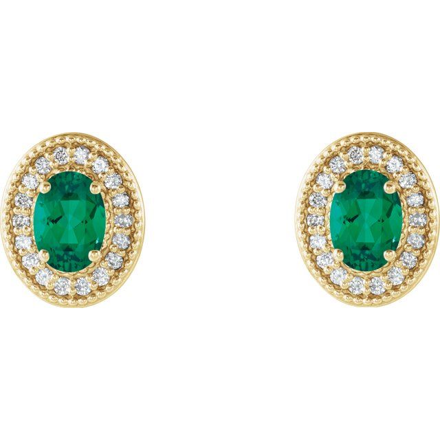 Oval 6x4mm Natural Emerald & 1/5 CTW Natural Diamond Halo-Style Earrings