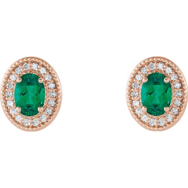 Oval 6x4mm Natural Emerald & 1/5 CTW Natural Diamond Halo-Style Earrings