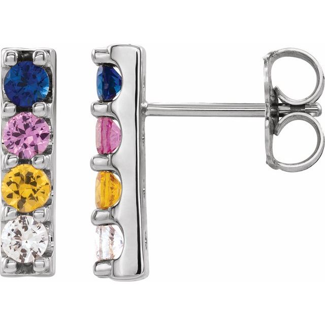 Round Natural Multi-Gemstone Bar Earrings