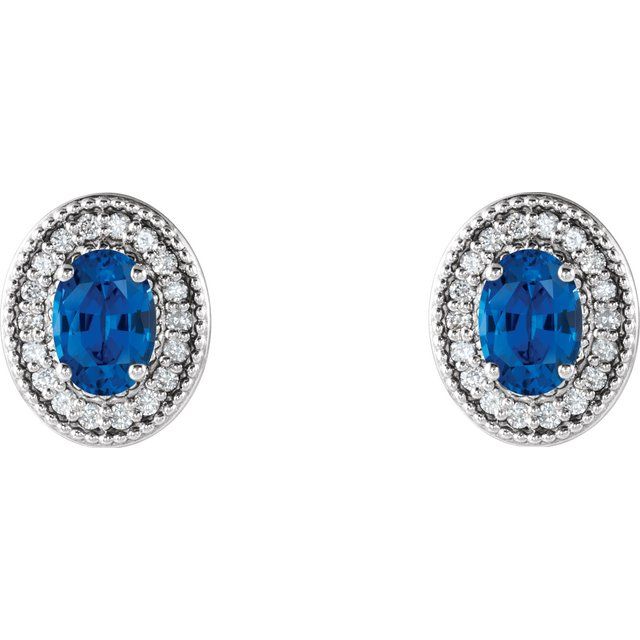 Oval 6x4mm Natural Blue Sapphire & 1/5 CTW Natural Diamond Halo-Style Earrings