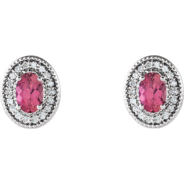 Oval 6x4mm Natural Pink Tourmaline & 1/5 CTW Natural Diamond Halo-Style Earrings