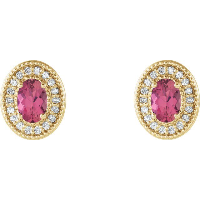 Oval 6x4mm Natural Pink Tourmaline & 1/5 CTW Natural Diamond Halo-Style Earrings