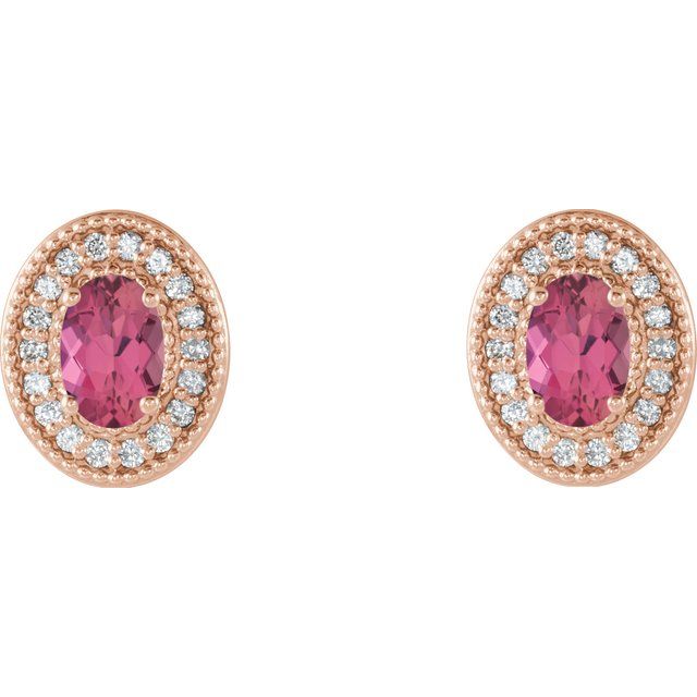 Oval 6x4mm Natural Pink Tourmaline & 1/5 CTW Natural Diamond Halo-Style Earrings