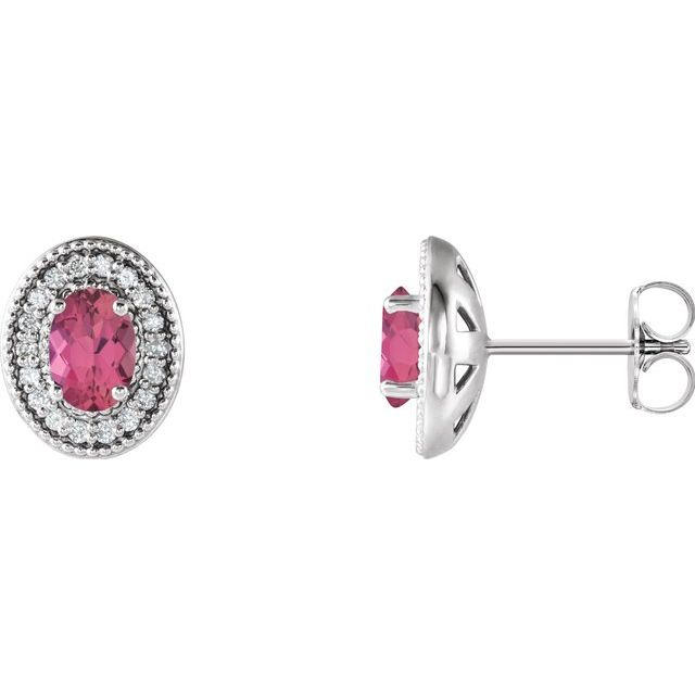 Oval 6x4mm Natural Pink Tourmaline & 1/5 CTW Natural Diamond Halo-Style Earrings