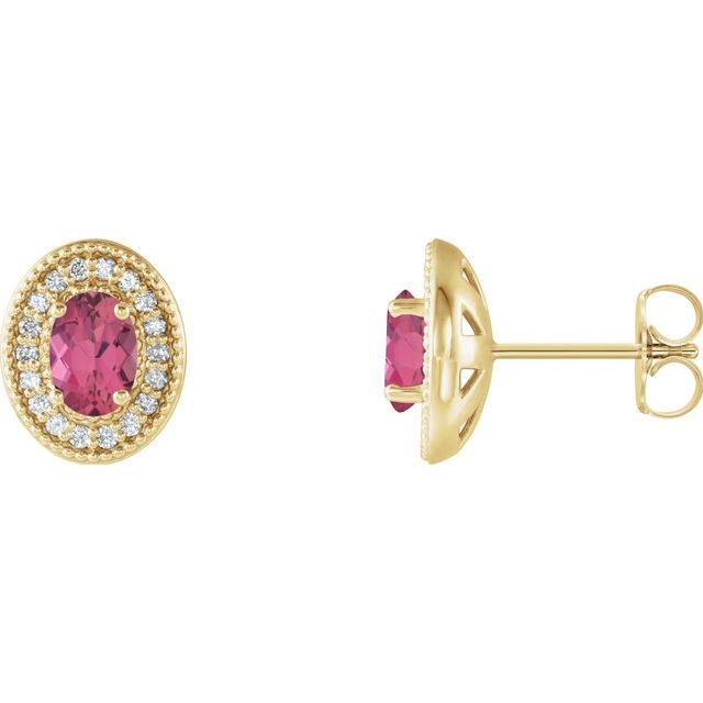 Oval 6x4mm Natural Pink Tourmaline & 1/5 CTW Natural Diamond Halo-Style Earrings