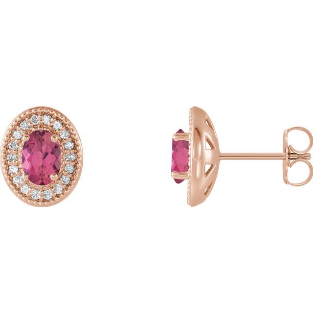 Oval 6x4mm Natural Pink Tourmaline & 1/5 CTW Natural Diamond Halo-Style Earrings