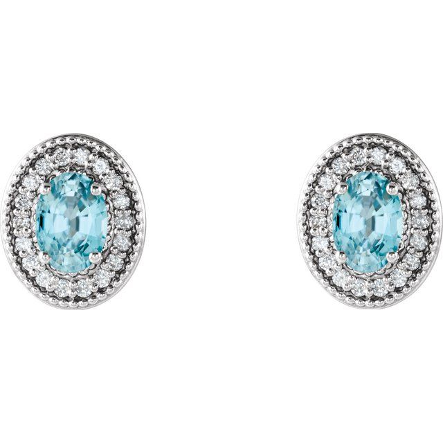 Oval 6x4mm Natural Blue Zircon & 1/5 CTW Natural Diamond Halo-Style Earrings
